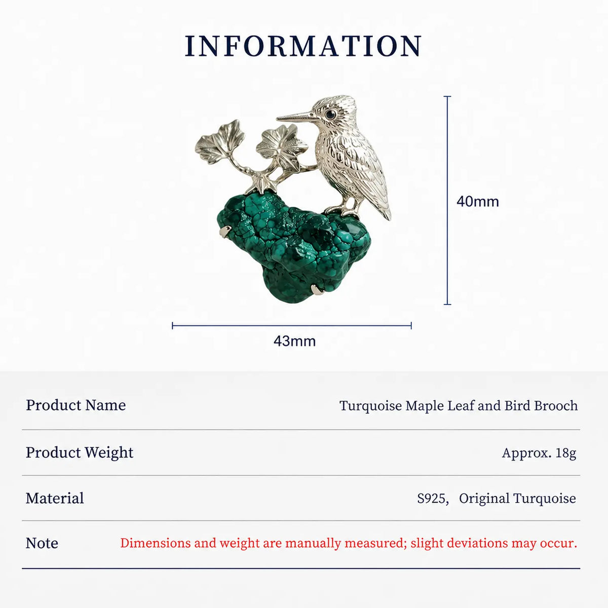Product information chart: S925 natural turquoise autumn maple leaf bird brooch — size, weight, materials