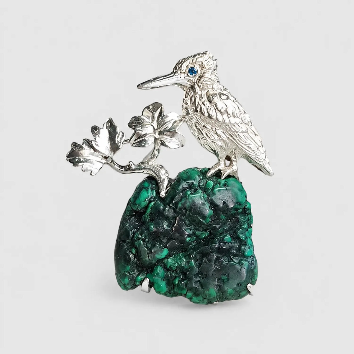 Handmade silver autumn maple leaf bird brooch — S925 sterling silver jewelry product photo