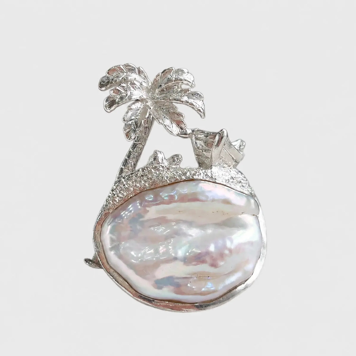 Handmade silver coconut palm tree brooch — S925 sterling silver jewelry product photo