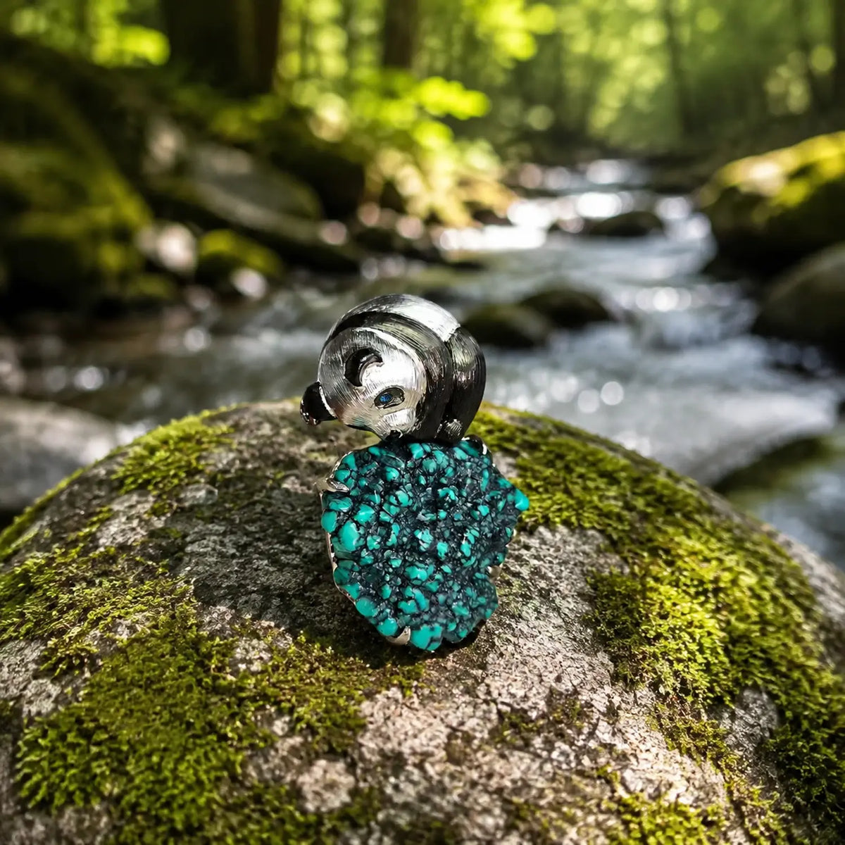 Natural stone brooch with natural turquoise — serene panda silver brooch styling photo