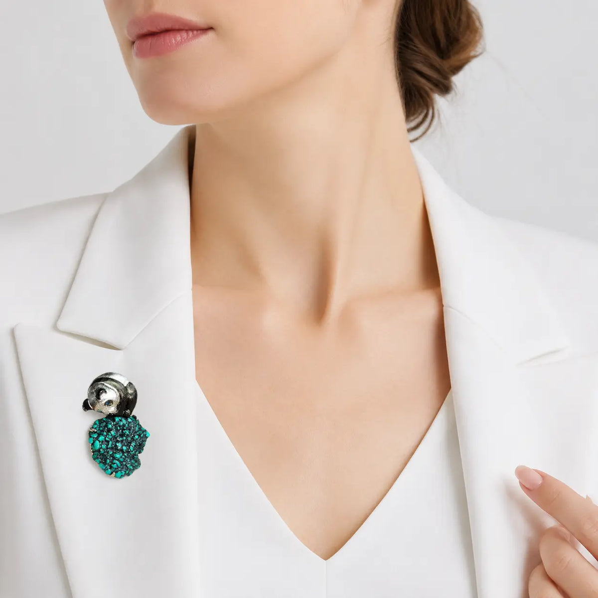 Natural stone jewelry — natural turquoise serene panda silver brooch