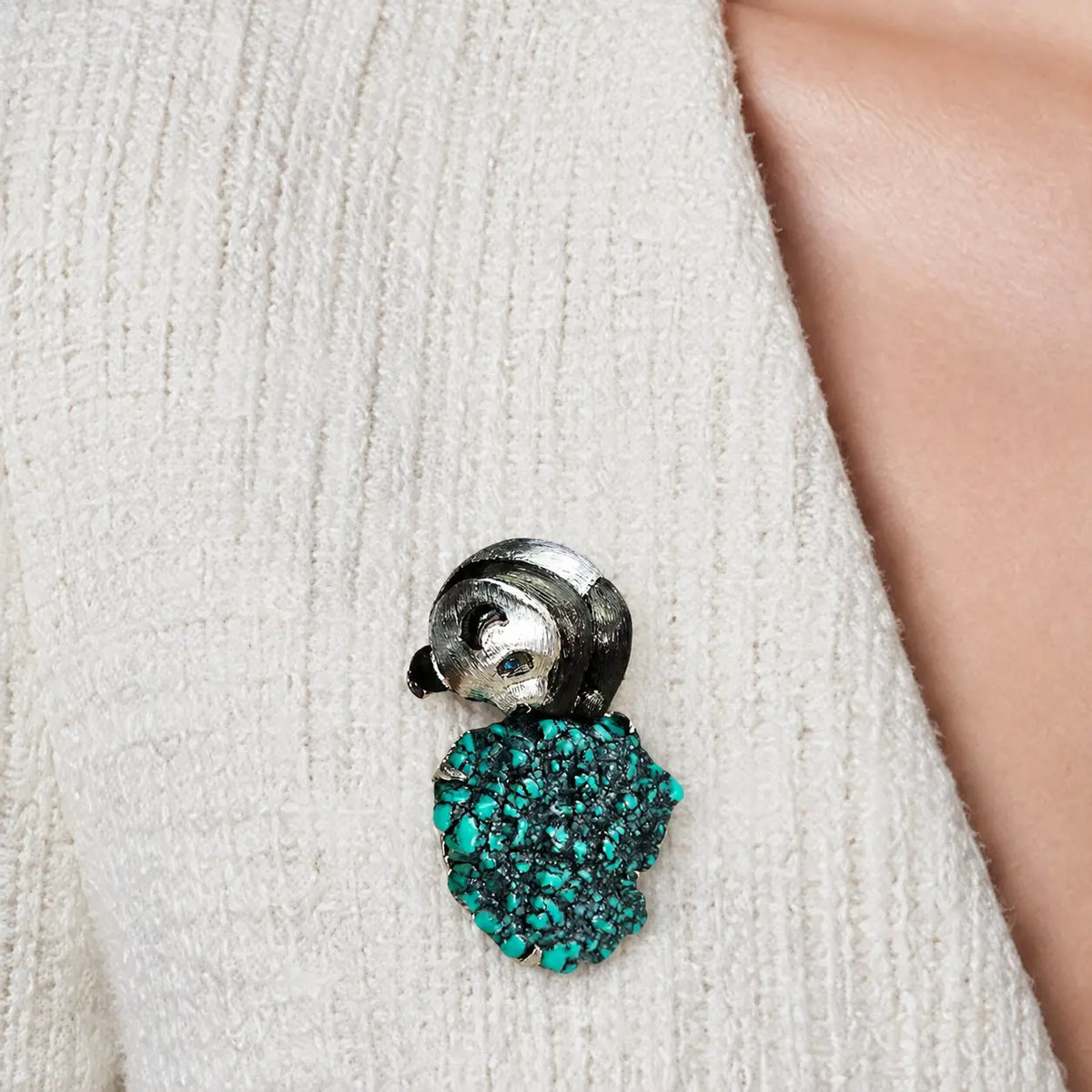2-in-1 serene panda silver brooch and pendant styled on fabric