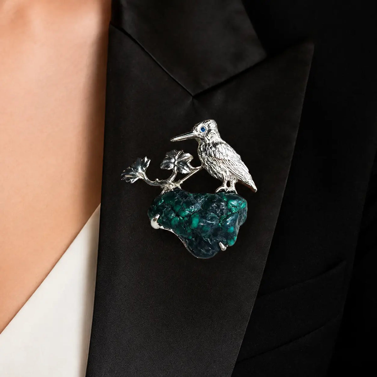 Handmade natural stone jewelry — natural turquoise autumn maple leaf bird silver brooch