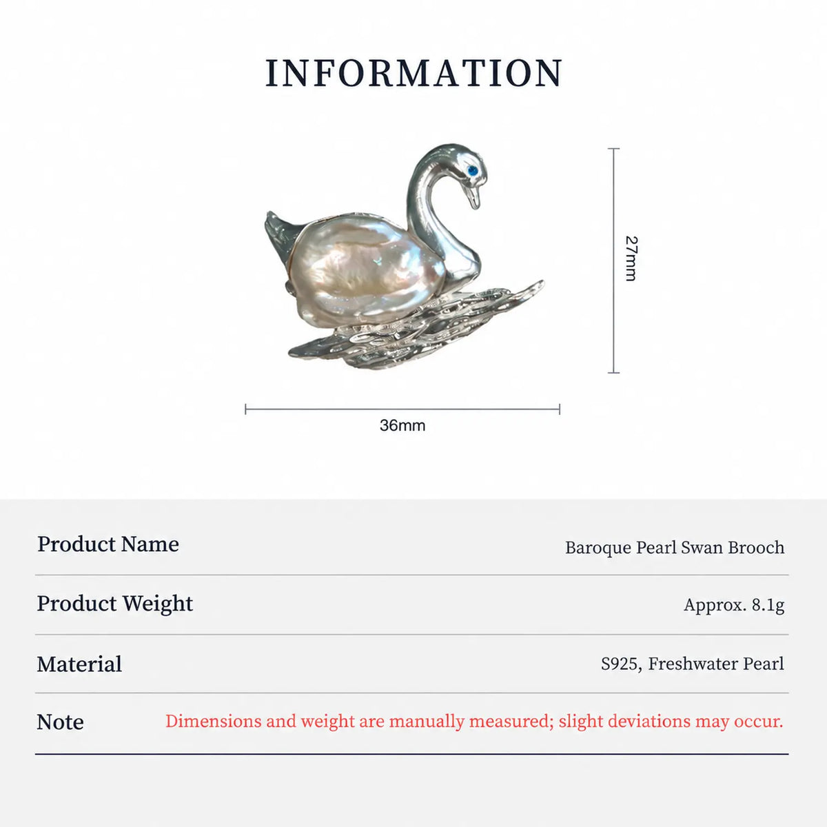 Product information chart: S925 baroque pearl serene swan brooch — size, weight, materials