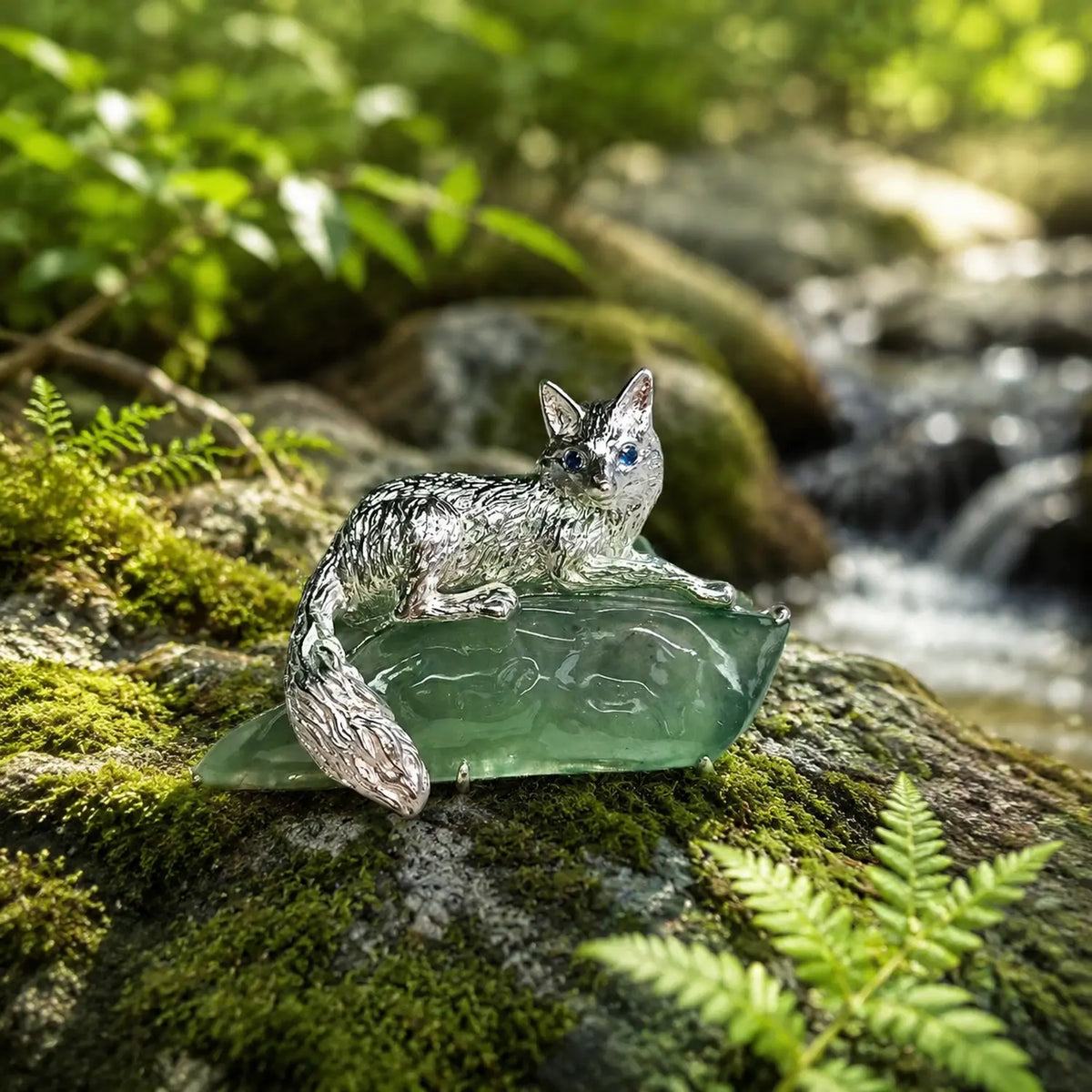 Natural stone brooch with natural green jadeite — watchful fox silver brooch styling photo