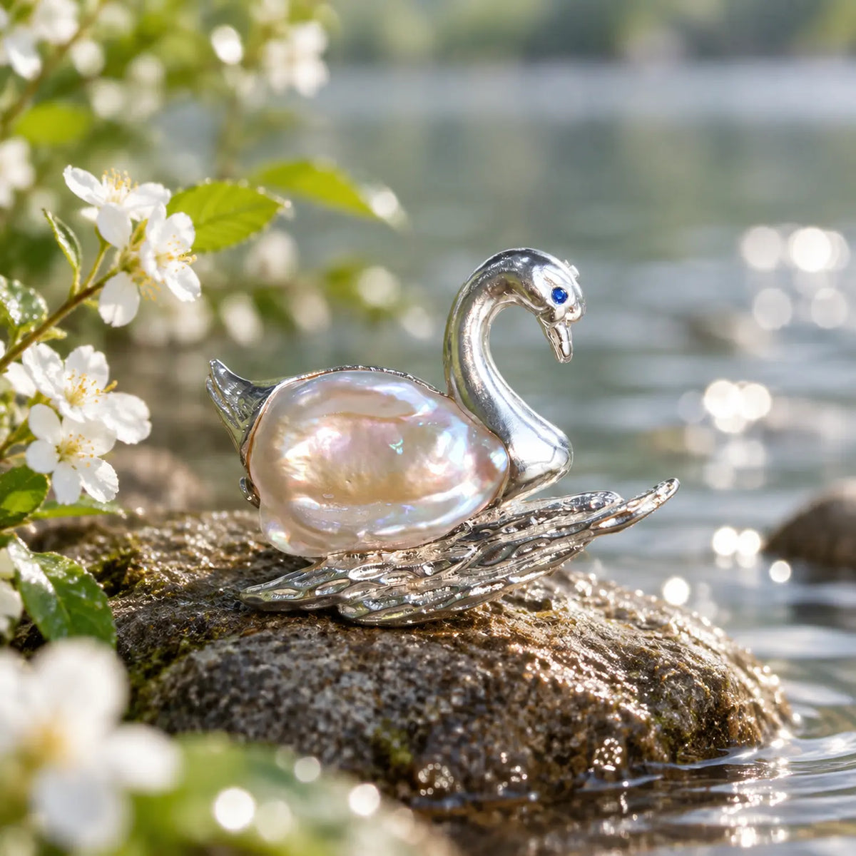 baroque pearl serene swan silver brooch in a nature-inspired styling photo