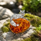 Natural stone brooch with natural flower amber — resting fox silver brooch styling photo