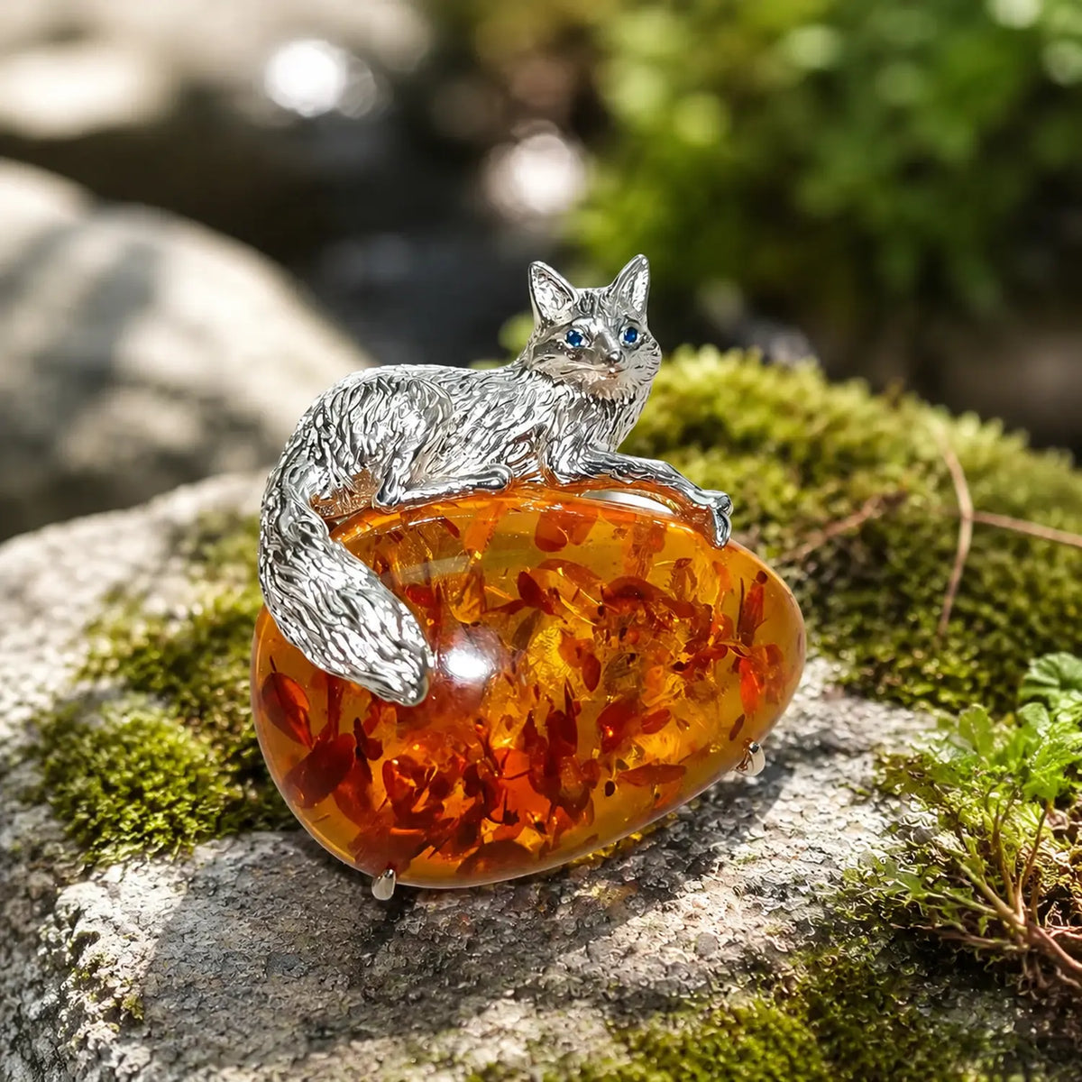 Natural stone brooch with natural flower amber — resting fox silver brooch styling photo