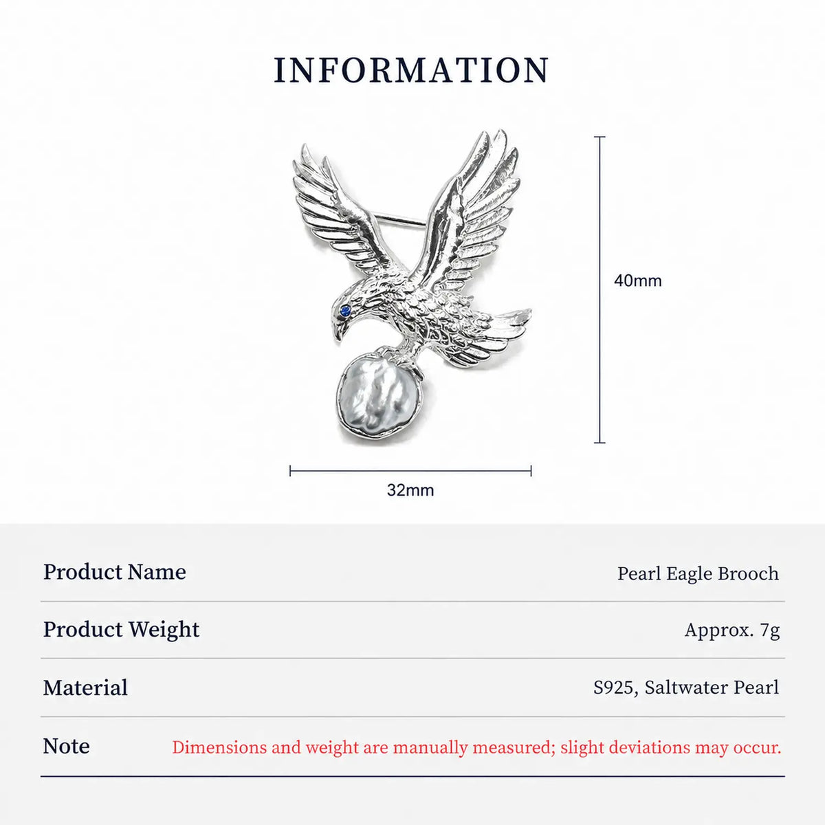 Product information chart: S925 baroque saltwater pearl perched eagle brooch — size, weight, materials