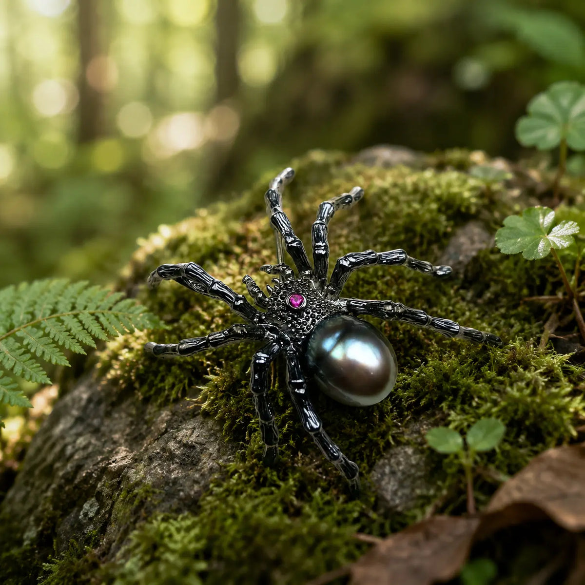 black pearl web-spinning spider silver brooch in a nature-inspired styling photo