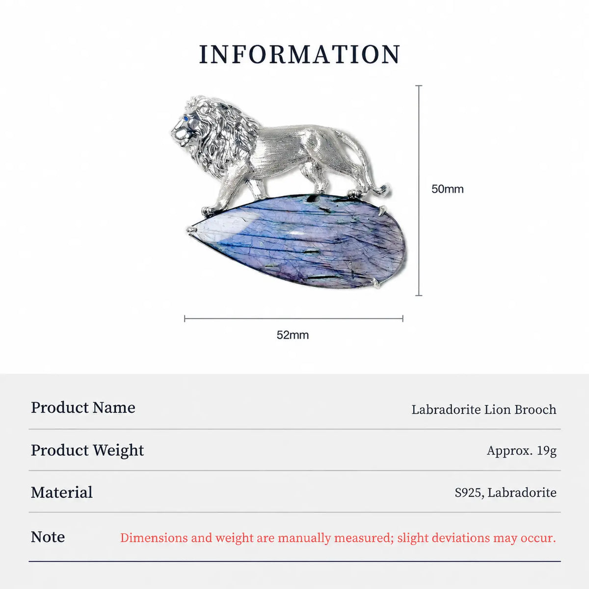 Product information chart: S925 teardrop labradorite sovereign lion brooch — size, weight, materials