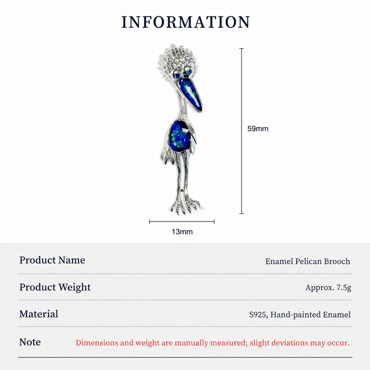 Product information chart: S925 natural banded agate perched owl brooch — size, weight, materials