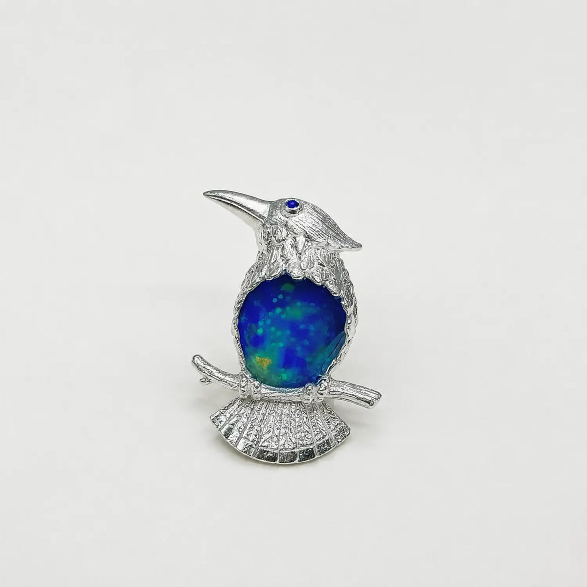 Handmade silver perched kingfisher brooch — S925 sterling silver jewelry product photo