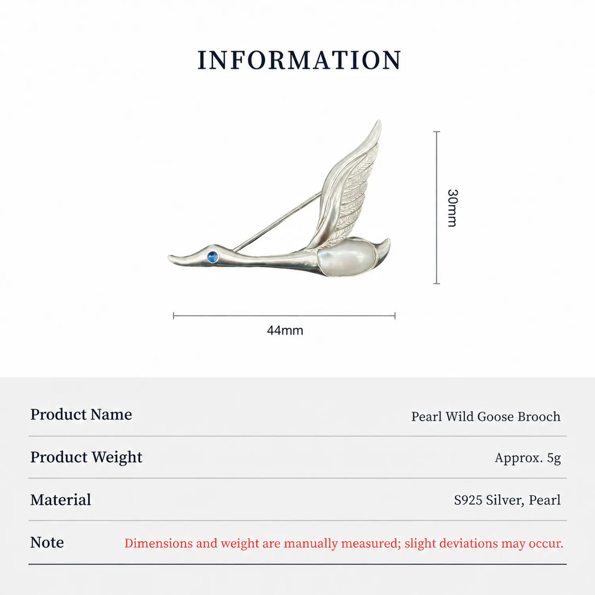Product information chart: S925 luminous pearl migrating wild goose brooch — size, weight, materials