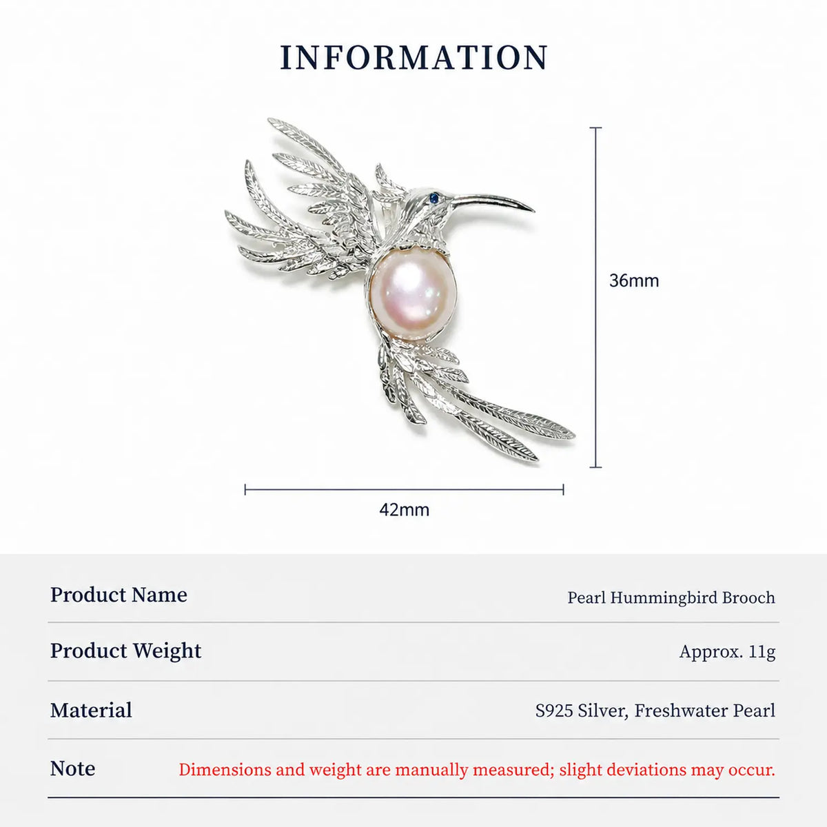 Product information chart: S925 freshwater pearl fluttering hummingbird brooch — size, weight, materials