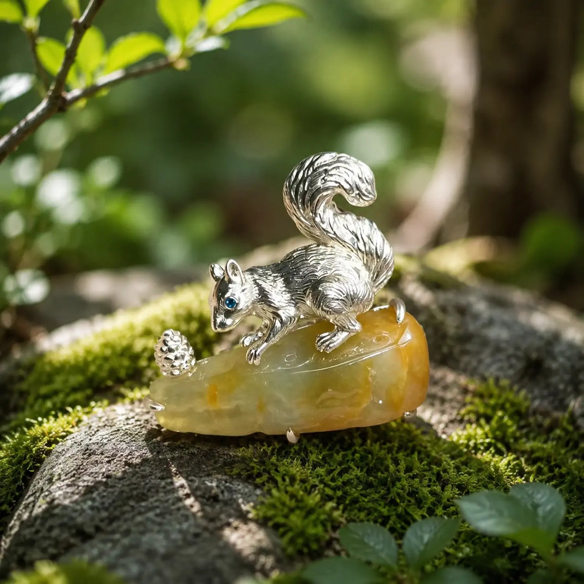 Natural stone brooch with natural green jadeite — gathering squirrel silver brooch styling photo