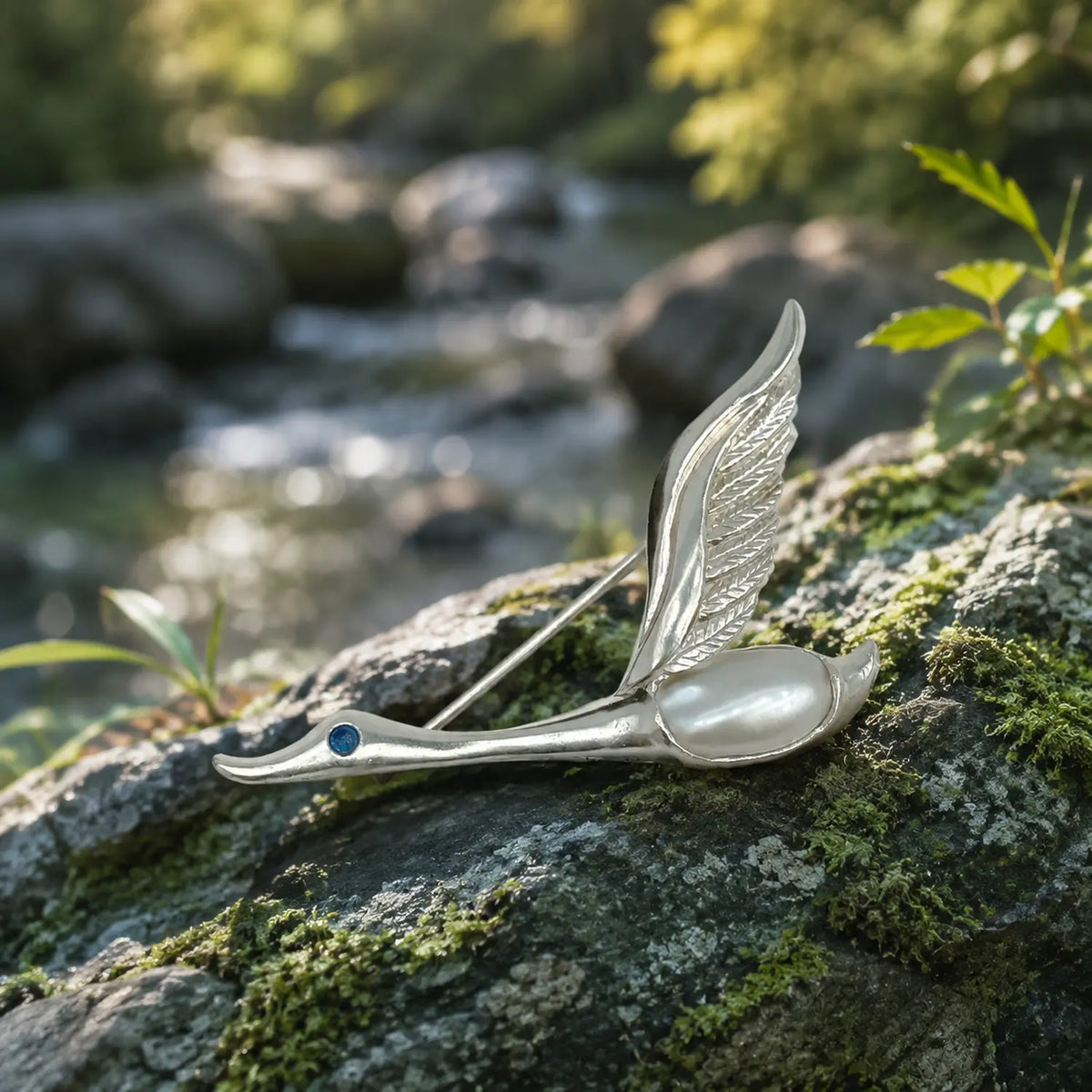 luminous pearl migrating wild goose silver brooch in a nature-inspired styling photo