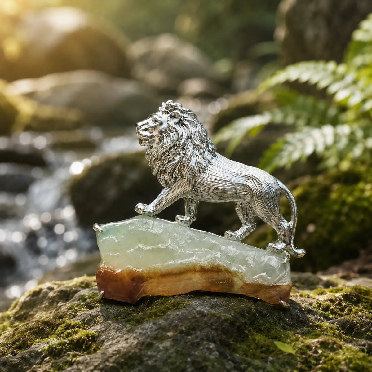 Handmade silver majestic lion brooch styled in a natural scene — artisan jewelry photo