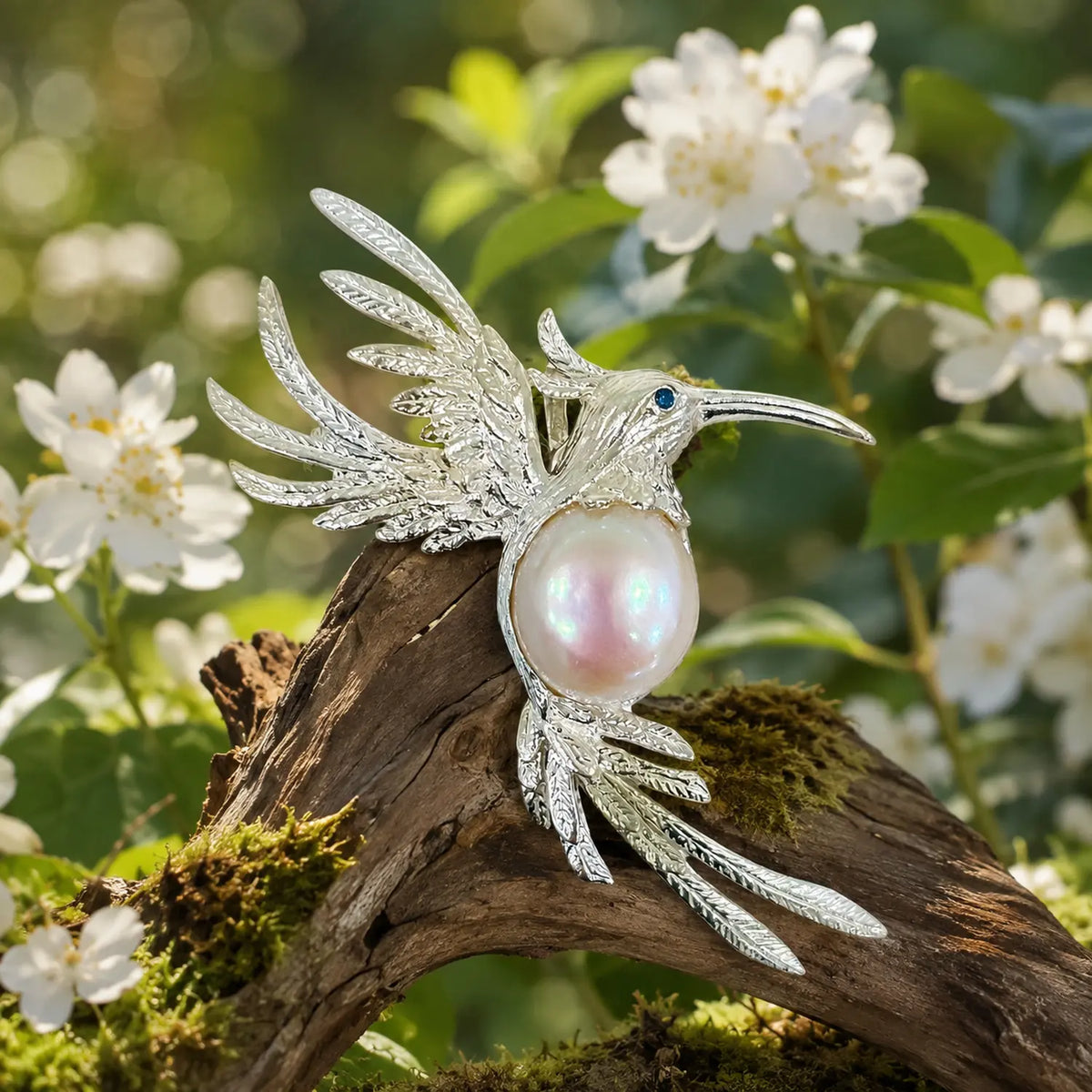 freshwater pearl fluttering hummingbird silver brooch in a nature-inspired styling photo
