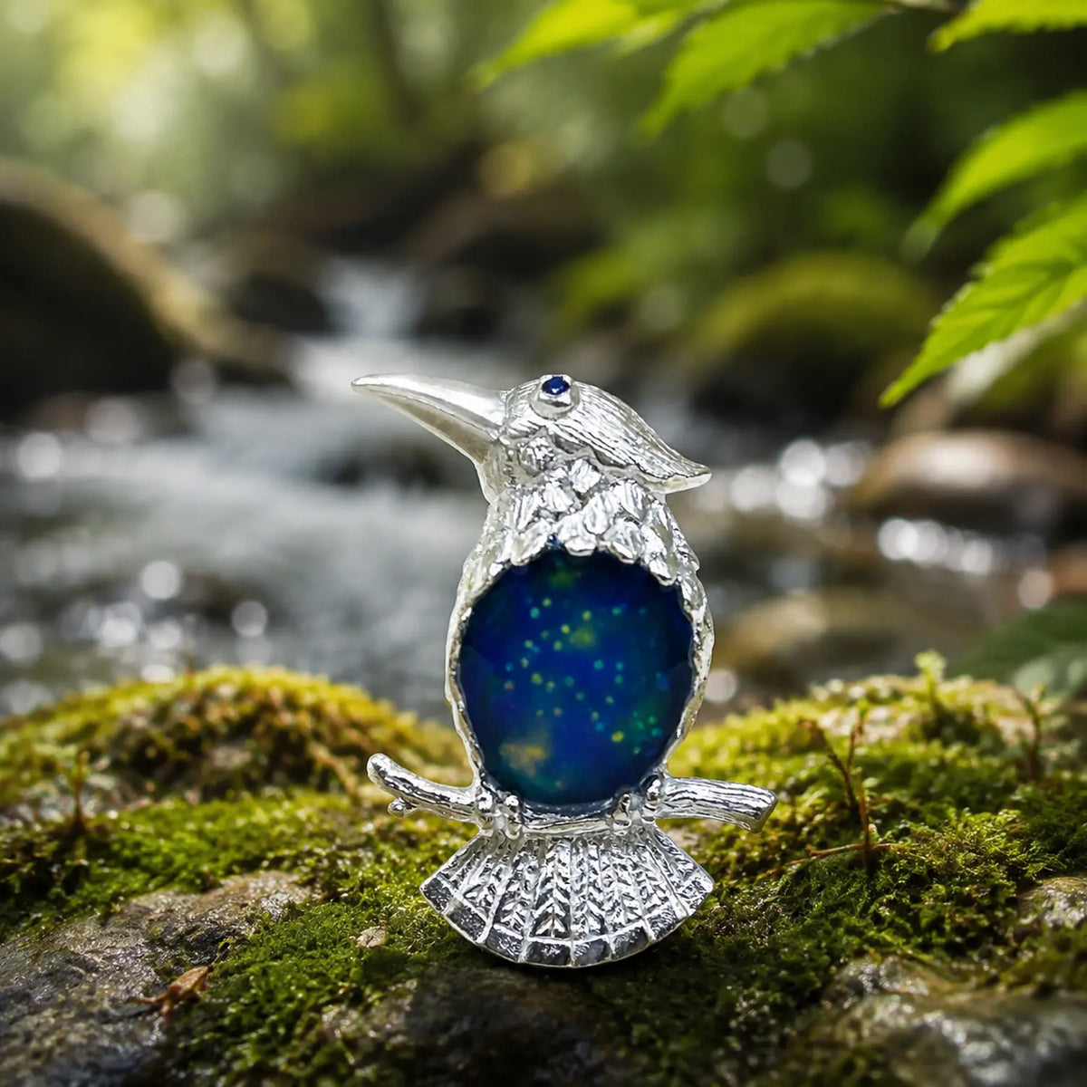 cobalt blue enamel perched kingfisher silver brooch in a nature-inspired styling photo