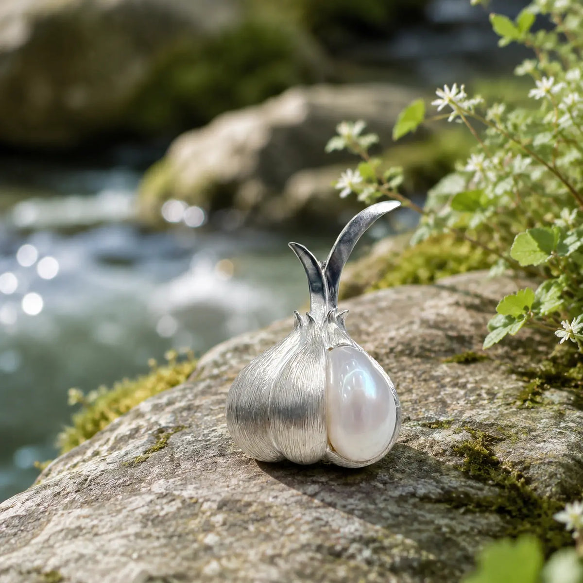 baroque pearl clove peeled garlic silver brooch in a nature-inspired styling photo
