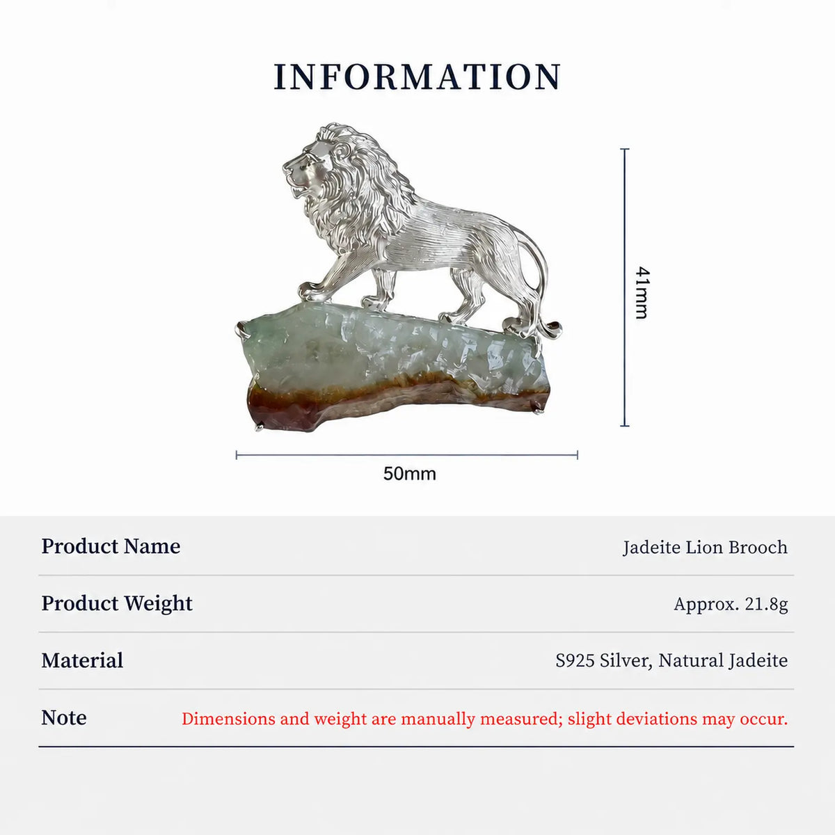 Product information chart: S925 natural jadeite majestic lion brooch — size, weight, materials