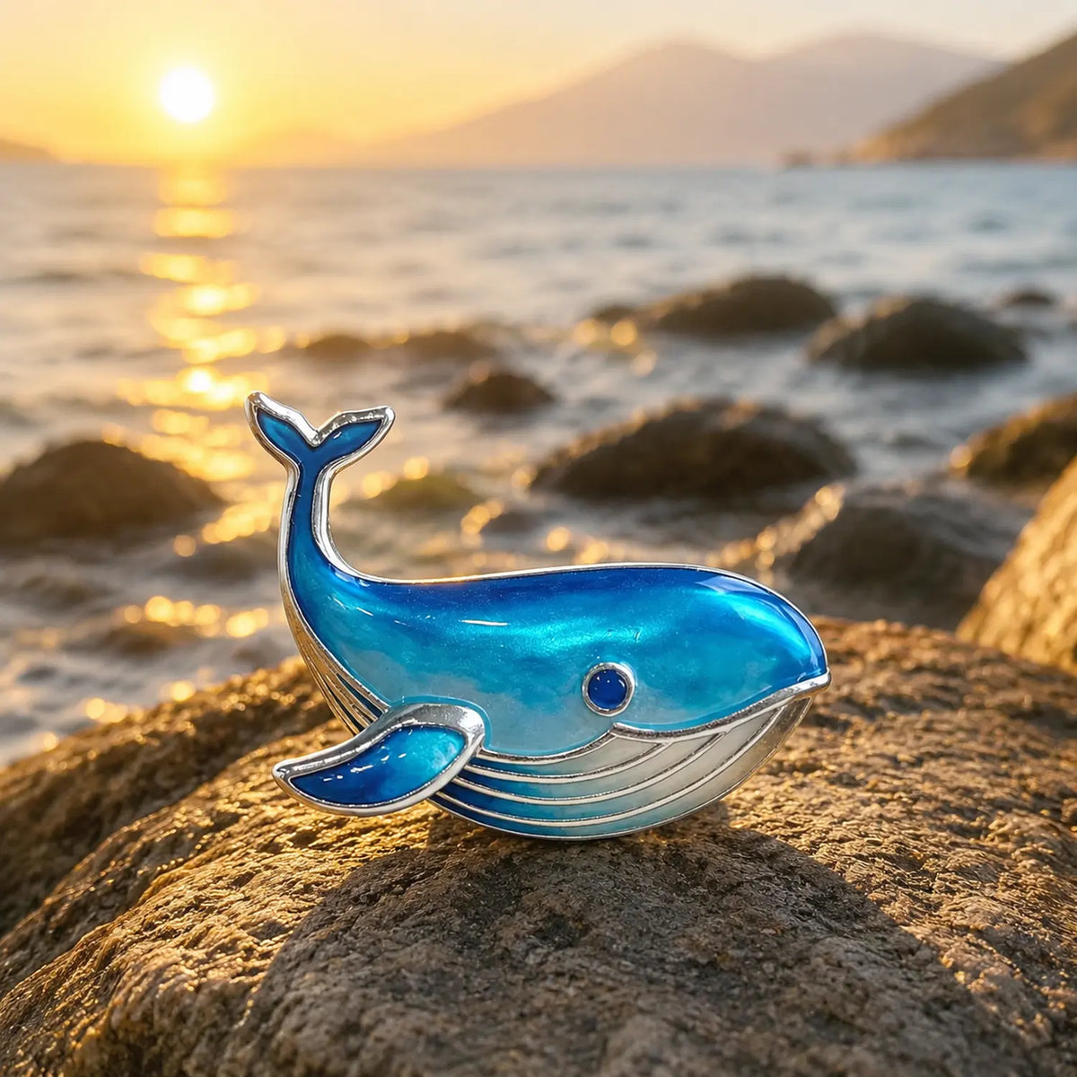 gradient blue enamel gliding whale silver brooch in a nature-inspired styling photo