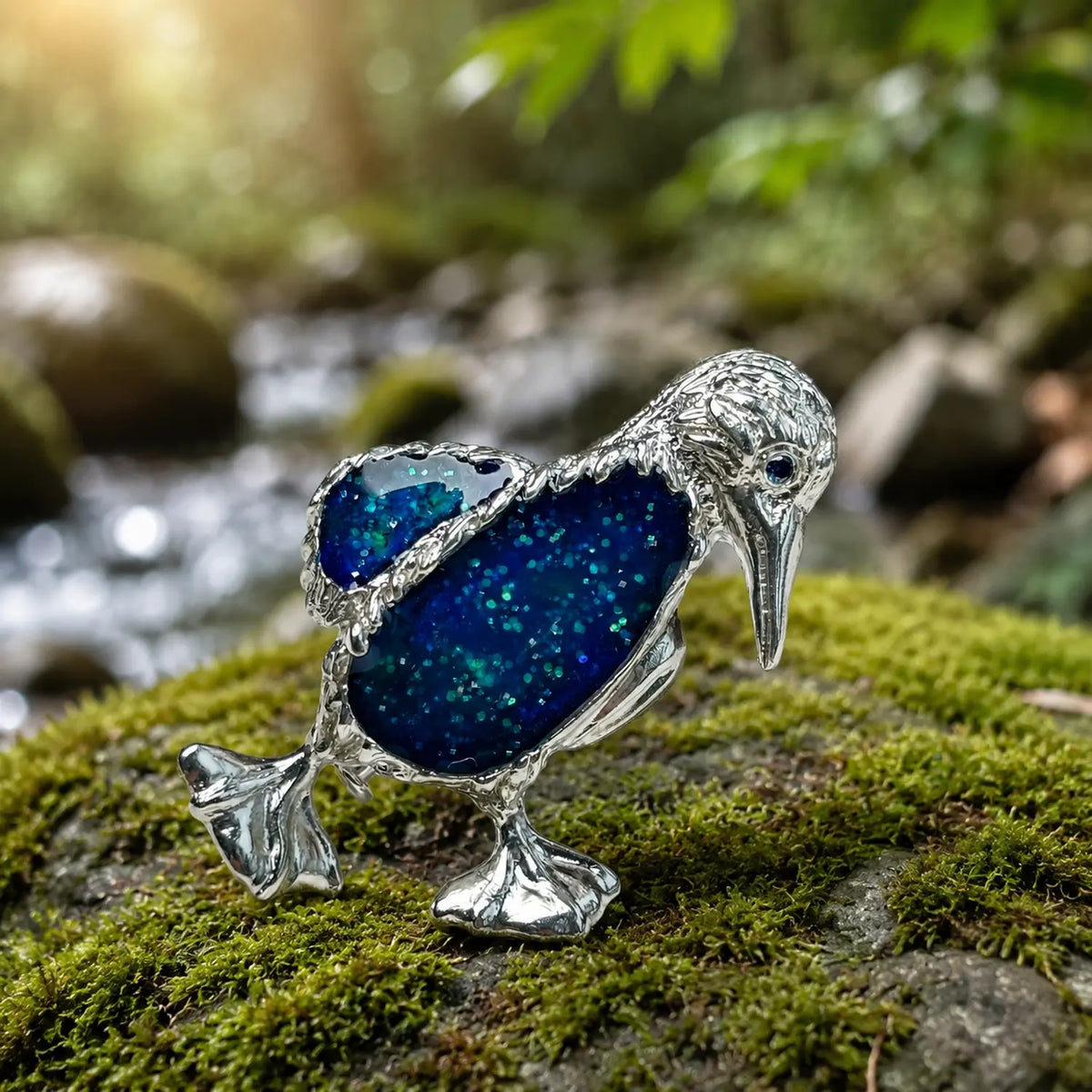 starry blue enamel waddling penguin silver brooch in a nature-inspired styling photo