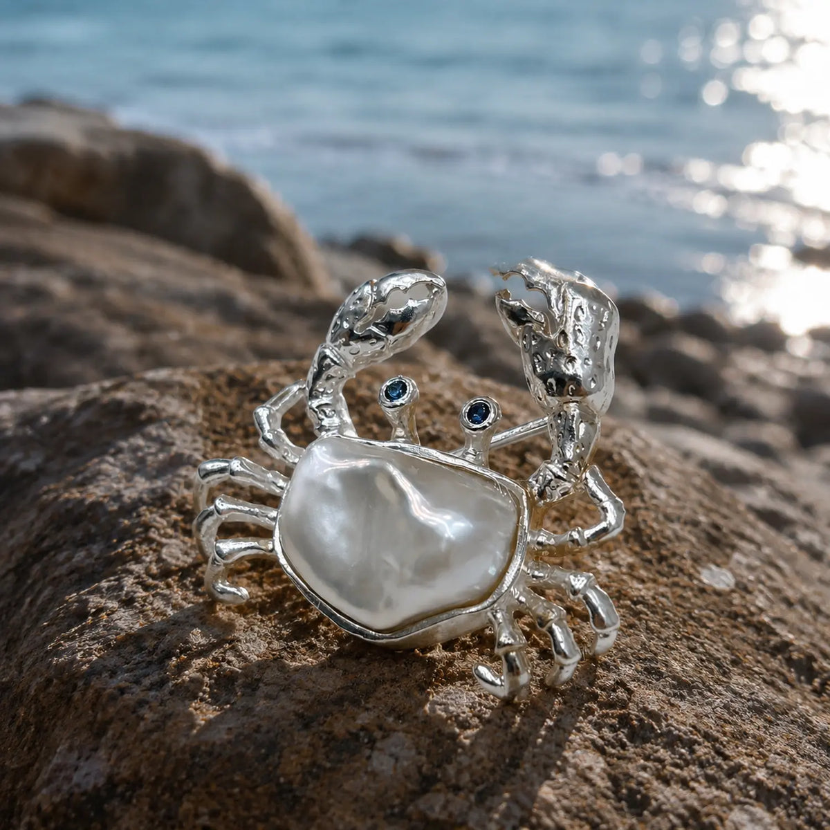 baroque pearl shell ocean crab silver brooch in a nature-inspired styling photo