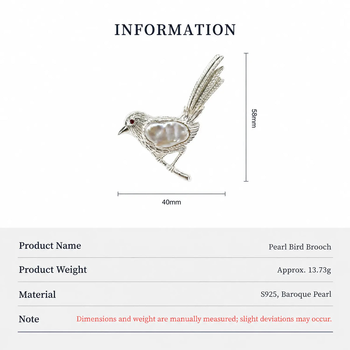 Product information chart: S925 baroque pearl perched songbird brooch — size, weight, materials