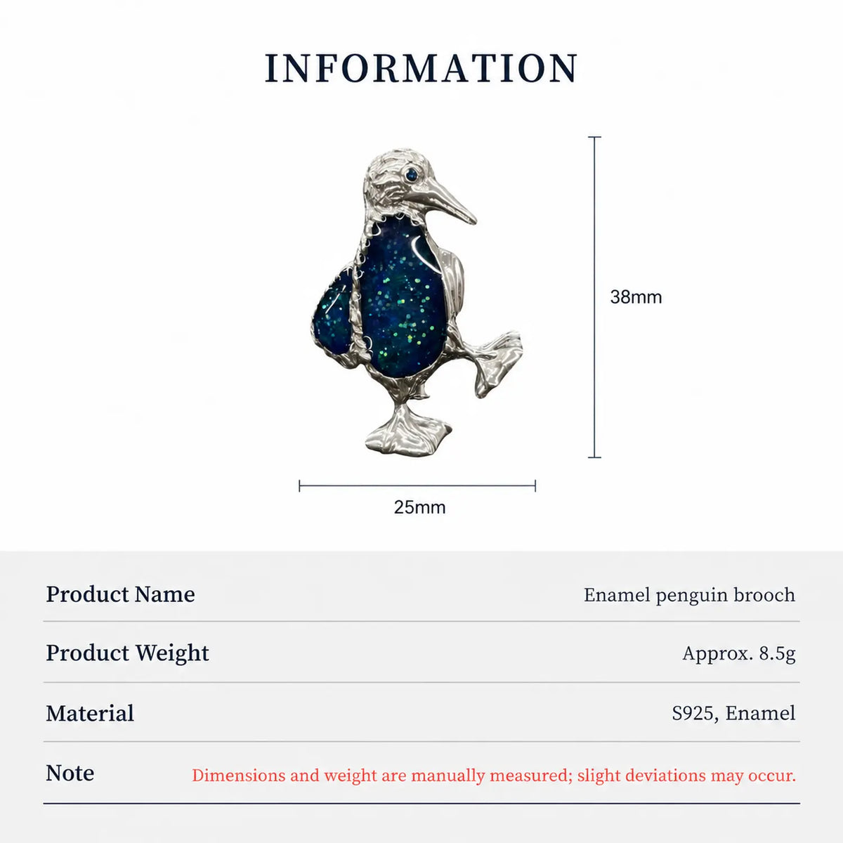 Product information chart: S925 starry blue enamel waddling penguin brooch — size, weight, materials