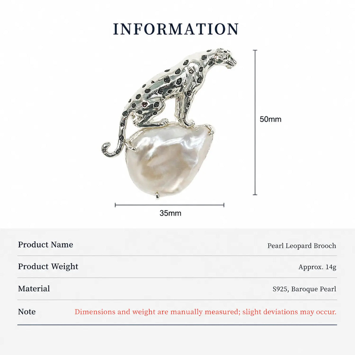 Product information chart: S925 baroque pearl crouching leopard brooch — size, weight, materials