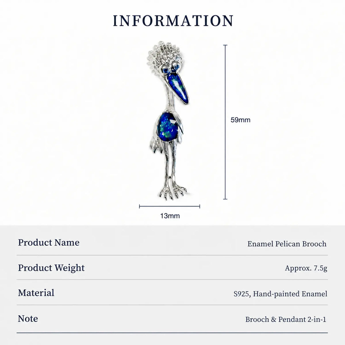 Hand-Painted Enamel Pelican Brooch Pendant