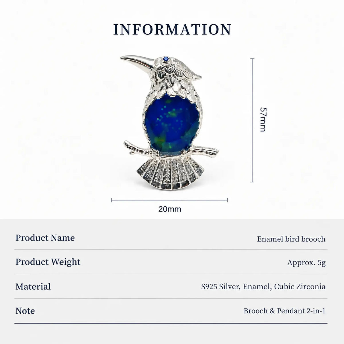 Blue Enamel Bird Brooch Pendant on Branch in Sterling Silver
