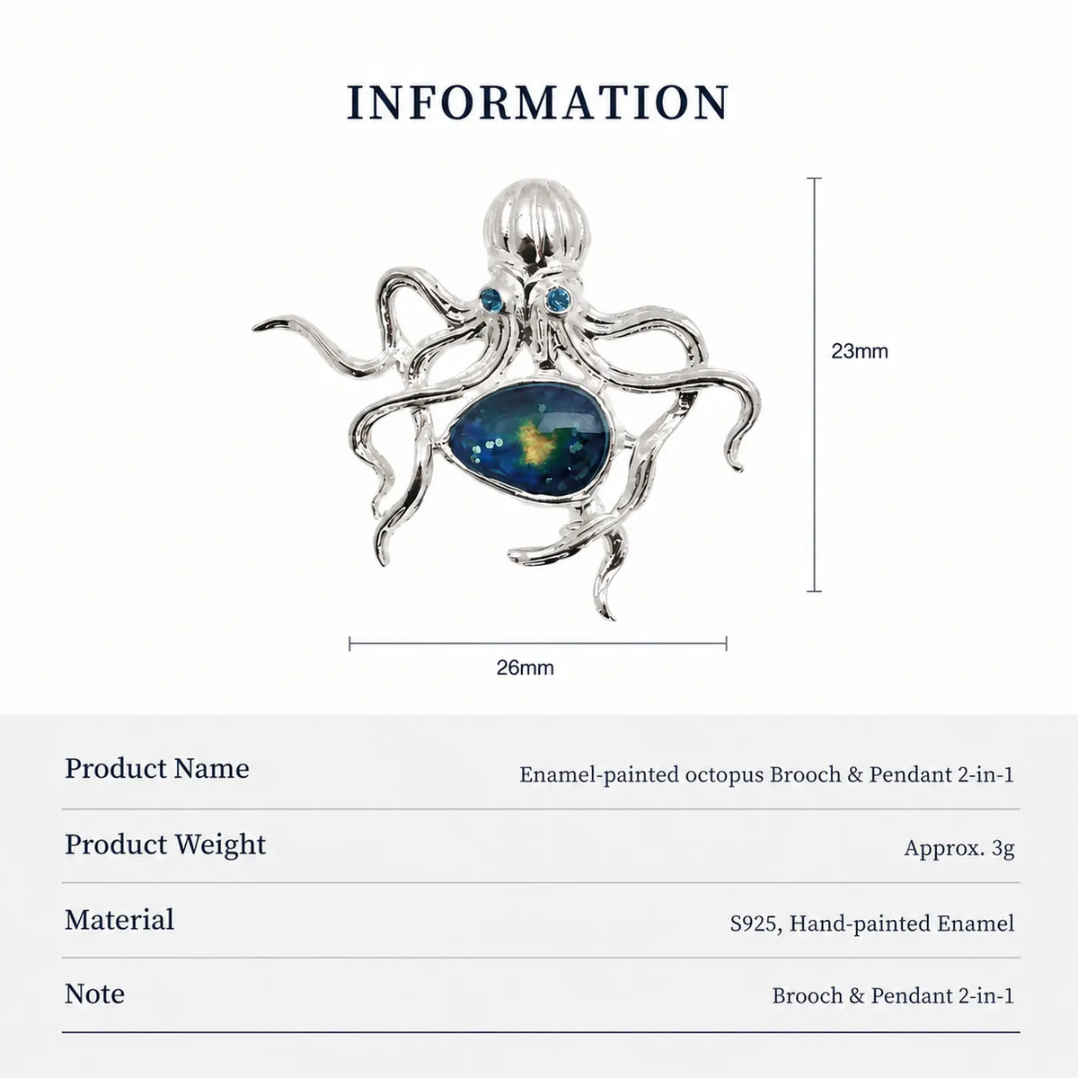 Blue-Green Enamel Octopus Brooch Pendant in Sterling Silver