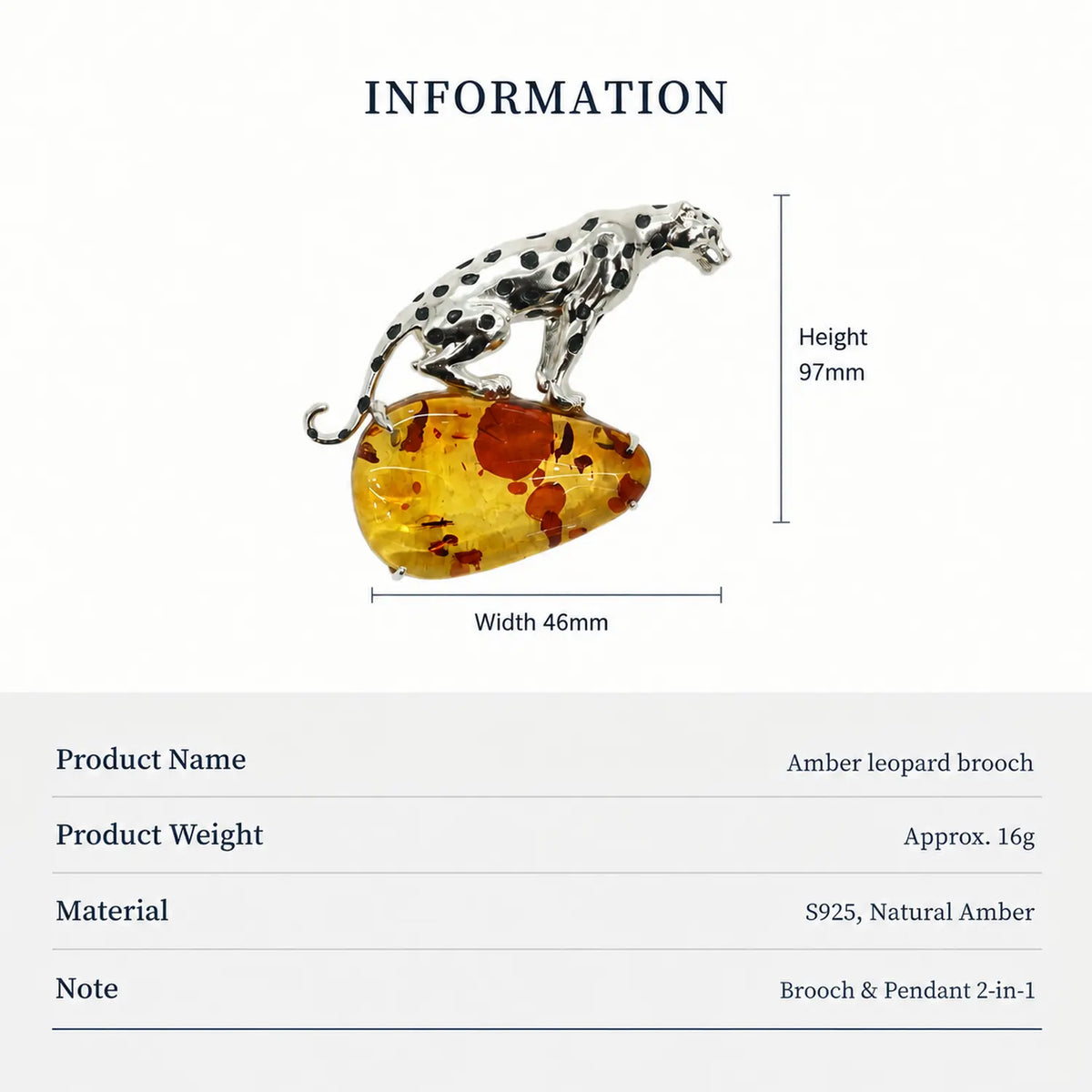 Natural Amber Leopard Brooch Pendant in Sterling Silver