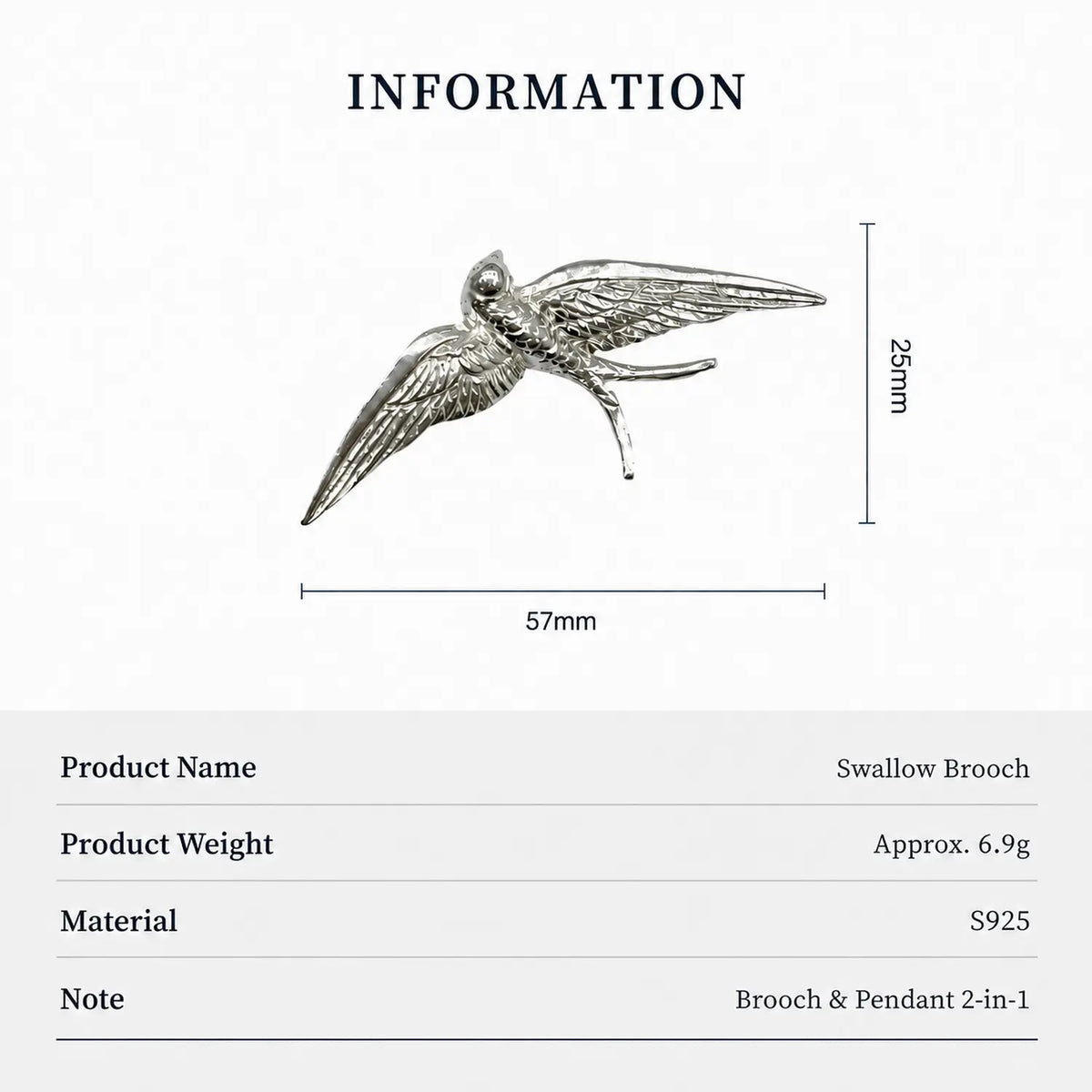 Flying Swallow Brooch Pendant in S925 Sterling Silver