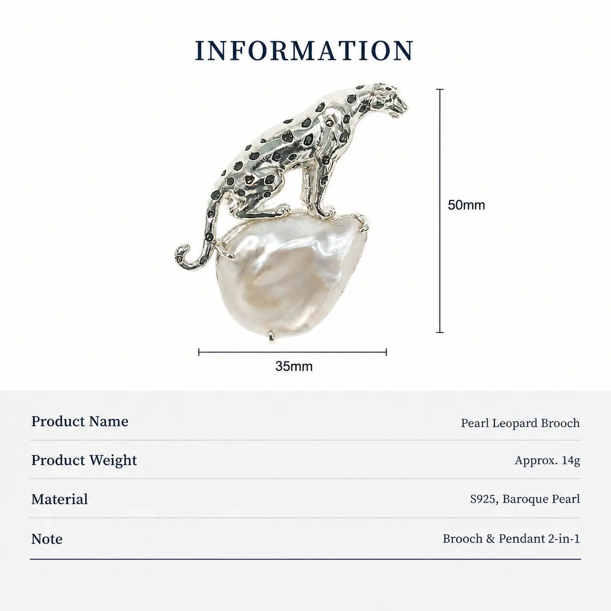 Baroque Pearl Leopard Brooch Pendant in Sterling Silver
