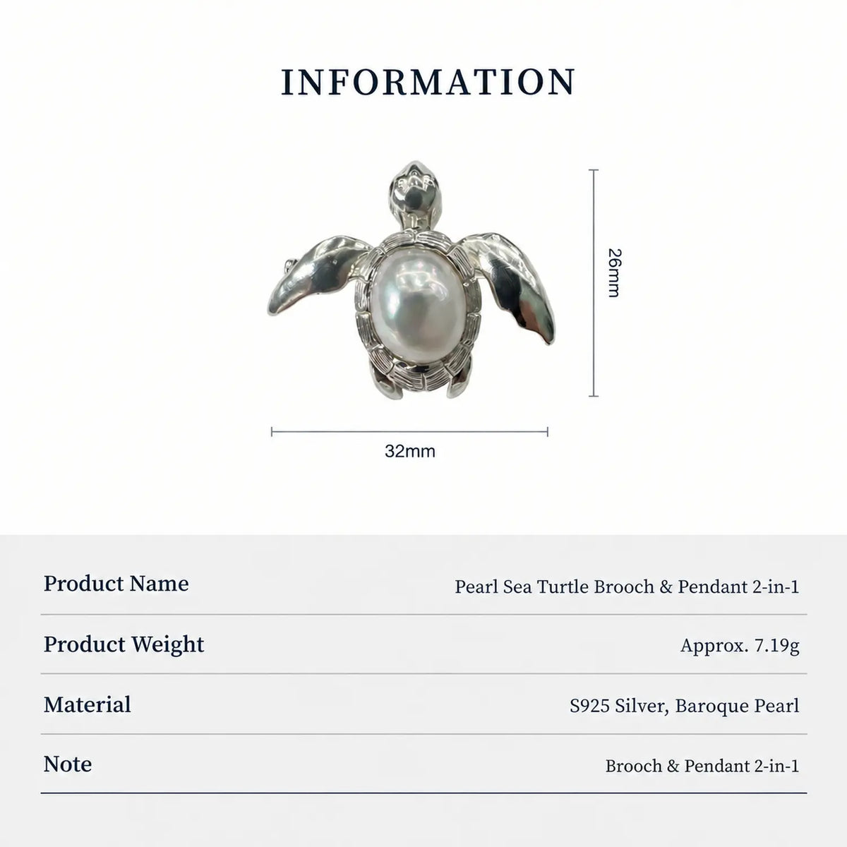 Baroque Pearl Sea Turtle Brooch Pendant in Sterling Silver