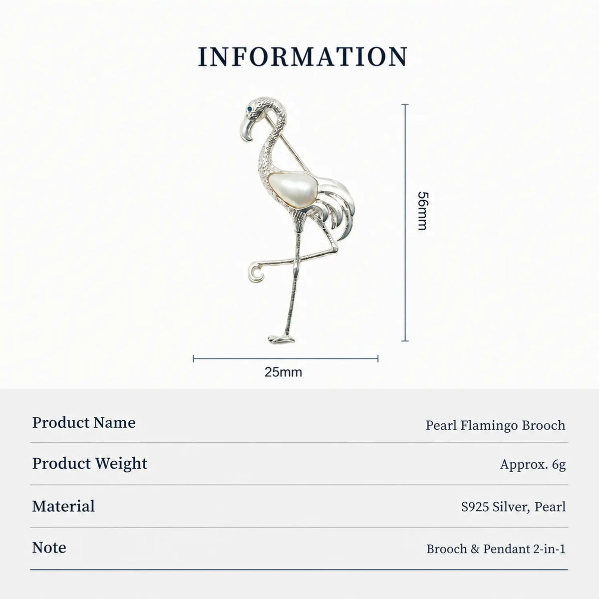Pearl Flamingo Brooch Pendant in Sterling Silver