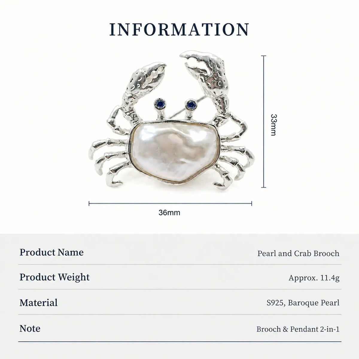 Baroque Pearl Crab Brooch Pendant in Sterling Silver