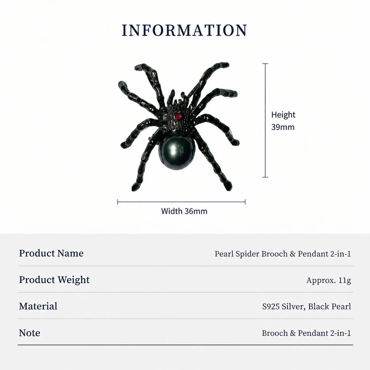 Black Pearl Spider Brooch Pendant in Sterling Silver