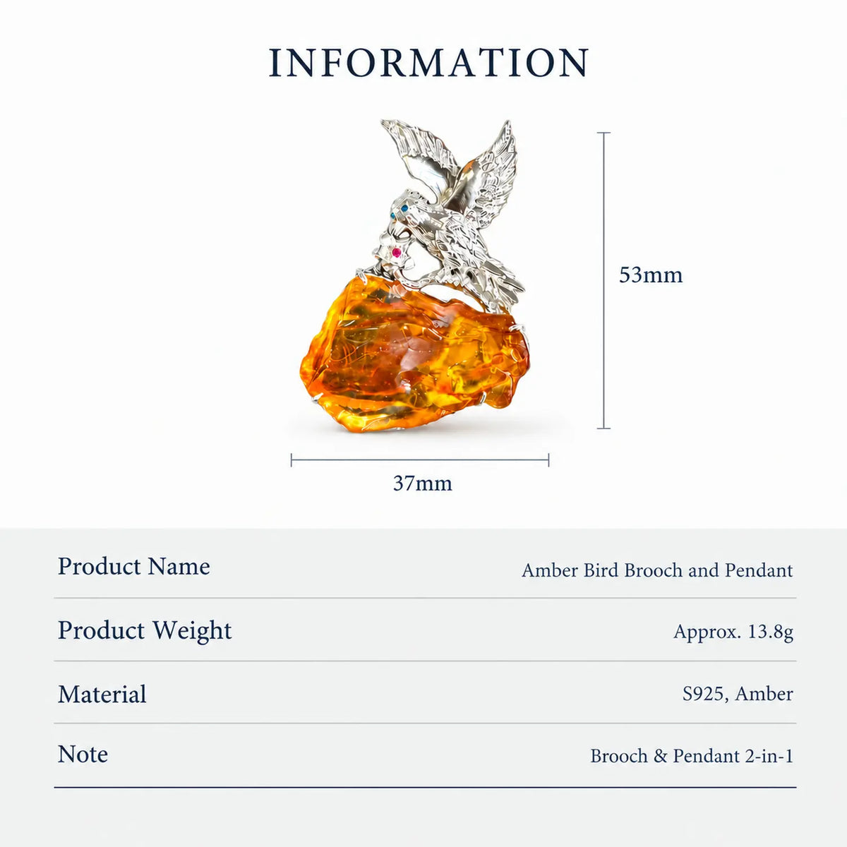 Flying Bird Brooch Pendant with Natural Amber