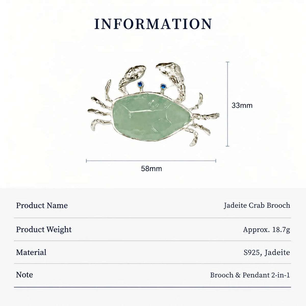 Natural Jadeite Crab Brooch Pendant in Sterling Silver