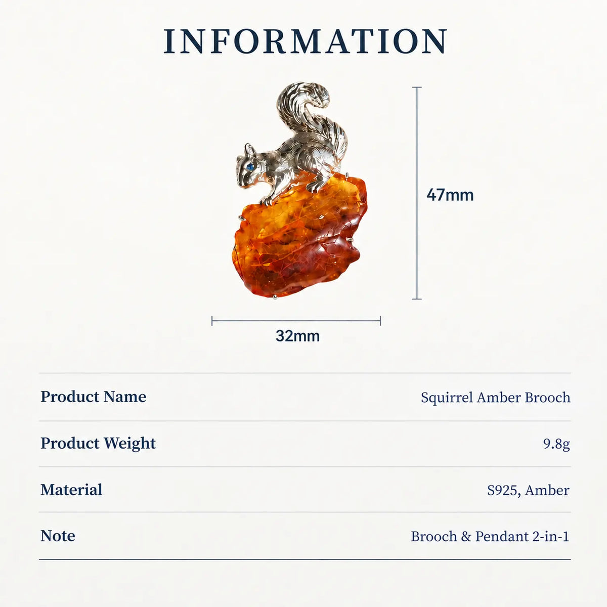 Amber Squirrel Brooch Pendant in Sterling Silver