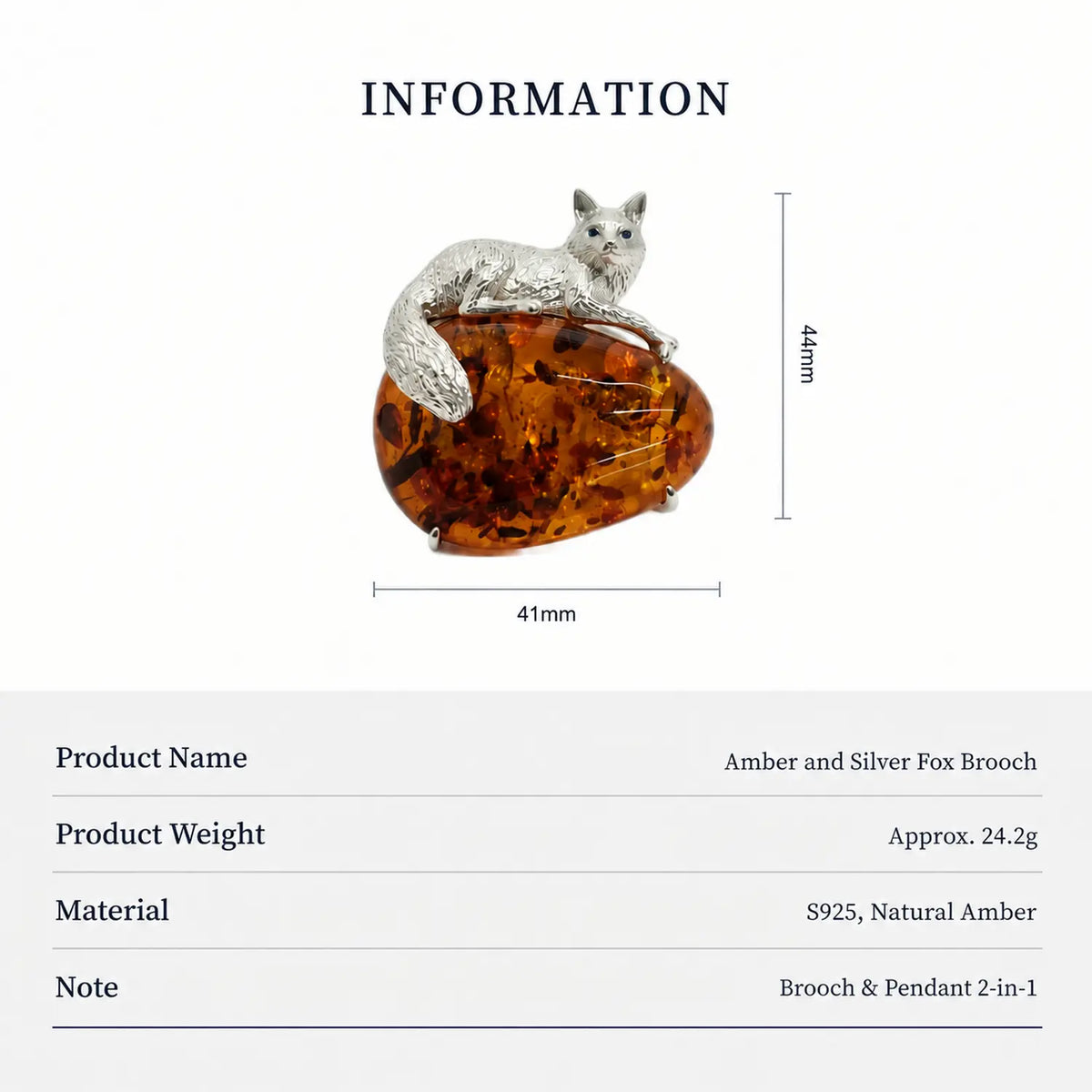 Natural Amber Fox Brooch Pendant in Sterling Silver