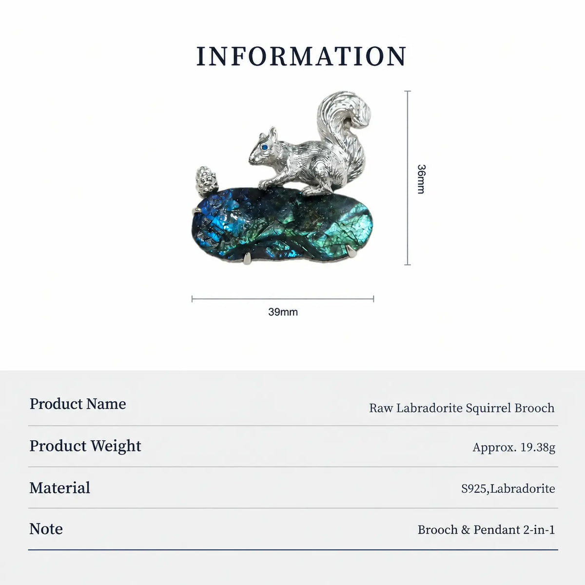 Foraging Squirrel Convertible Brooch Pendant with Labradorite