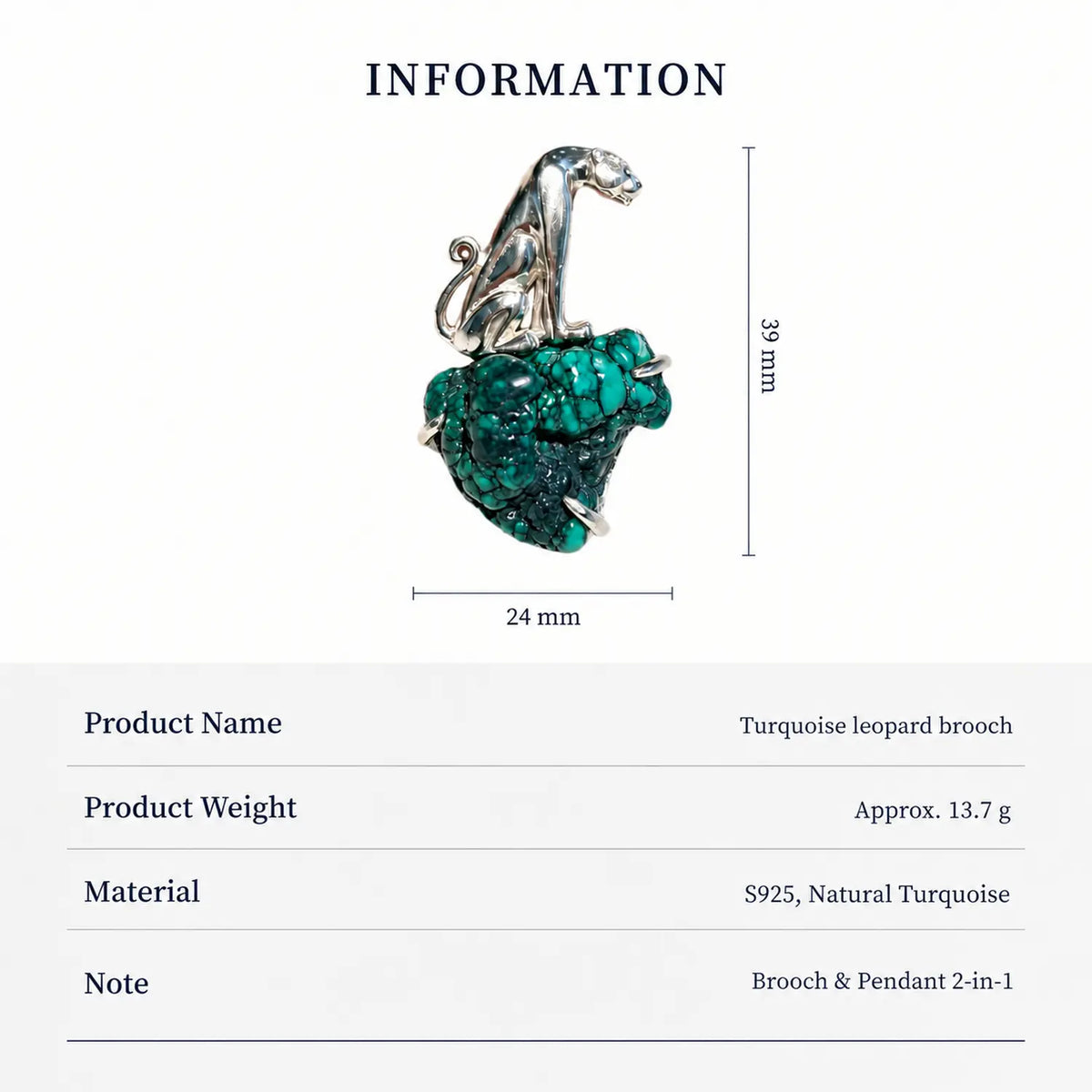 Natural Turquoise Leopard Brooch Pendant in Sterling Silver