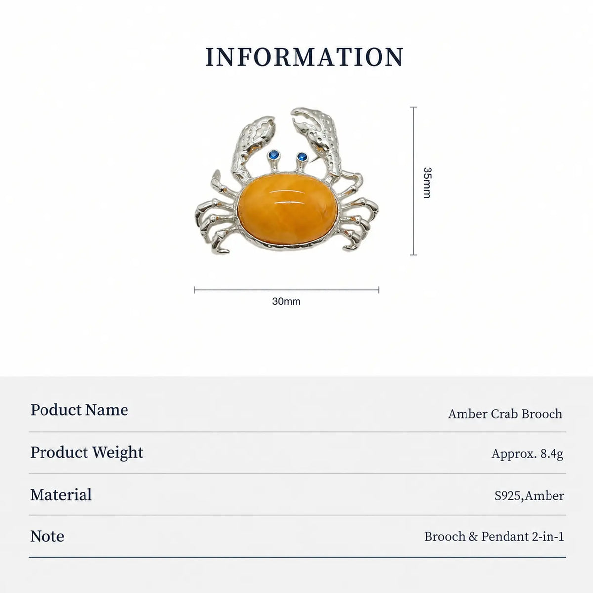 Natural Amber Crab Brooch Pendant in Sterling Silver