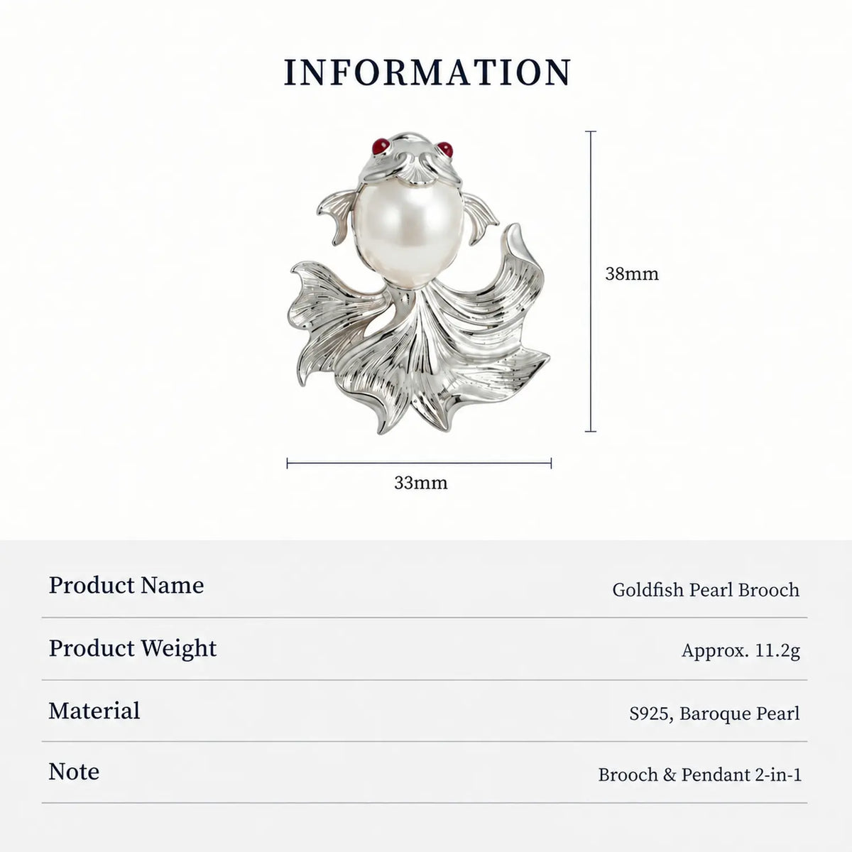 Baroque Pearl Goldfish Brooch Pendant in Sterling Silver